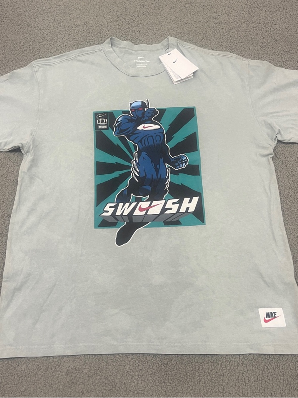 Nike Mens SWOOSH Graphic Super Hero T Shirt Large Gray Blue Logo Tee NWT